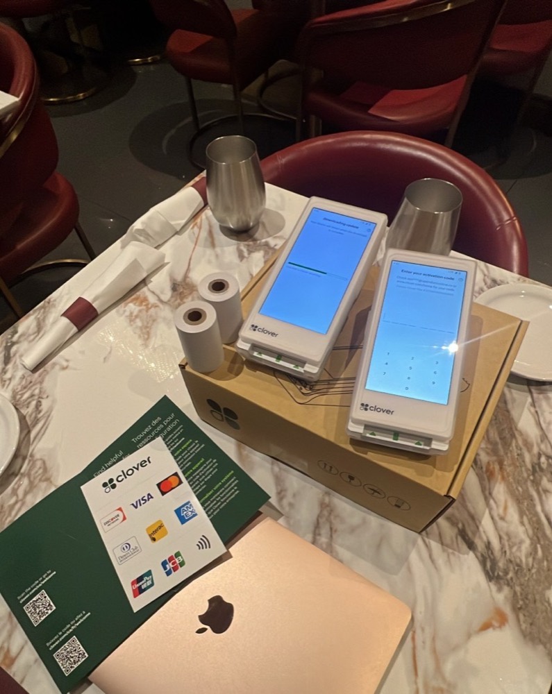 Two Clover Flex terminals installed at a GT Payments restaurant client